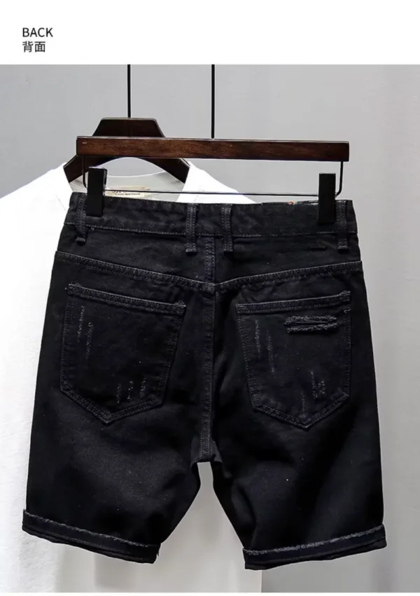 Jeans déchirés style streetwear Kpop Y2K pour homme, imprimé pois tendance, short en jean noir boyfriend décontracté et usé.
