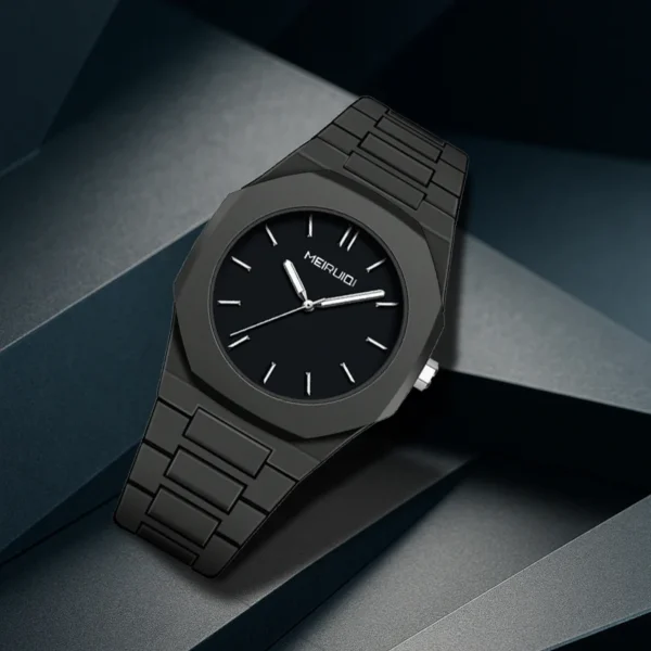Montre à quartz pour homme, style minimaliste noir, aiguilles octogonales, à clous.