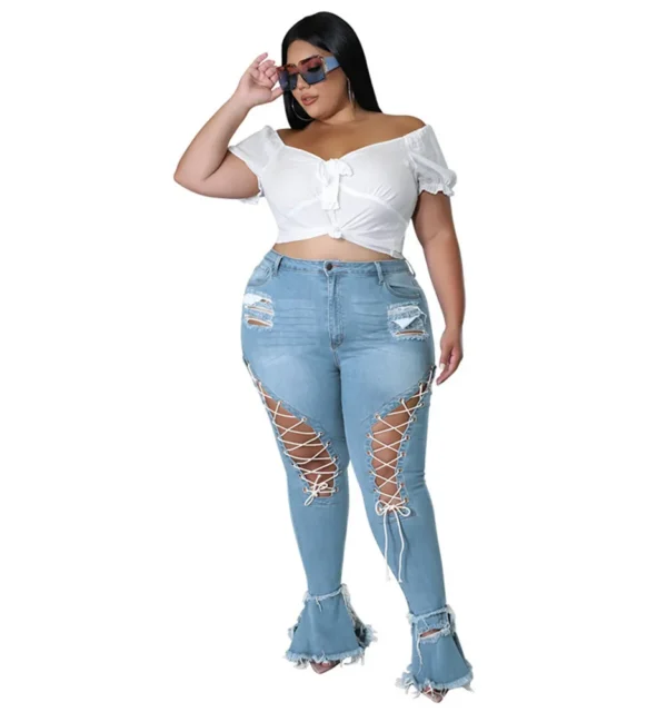 Jean évasé grande taille Wmstar pour femme, taille haute, à bretelles, avec franges et ourlet déchiré, en denim stretch, neuf.
