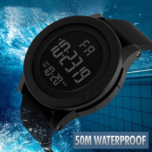 Montre numérique unisexe à grand cadran, éclairage LED, étanche, bracelet en caoutchouc, alarme, noire.