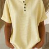 Casual Solid Color V-Neck Buttoned Striped Cotton-Linen T-Shirt