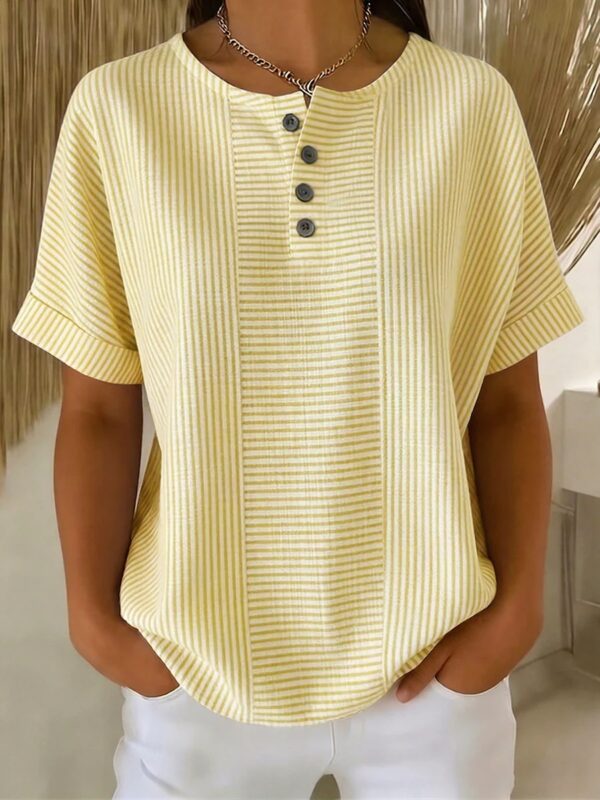 Casual Solid Color V-Neck Buttoned Striped Cotton-Linen T-Shirt