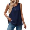Womens Casual Loose Round-Neck Sleeveless Solid-Colored Cotton Top With Buttons