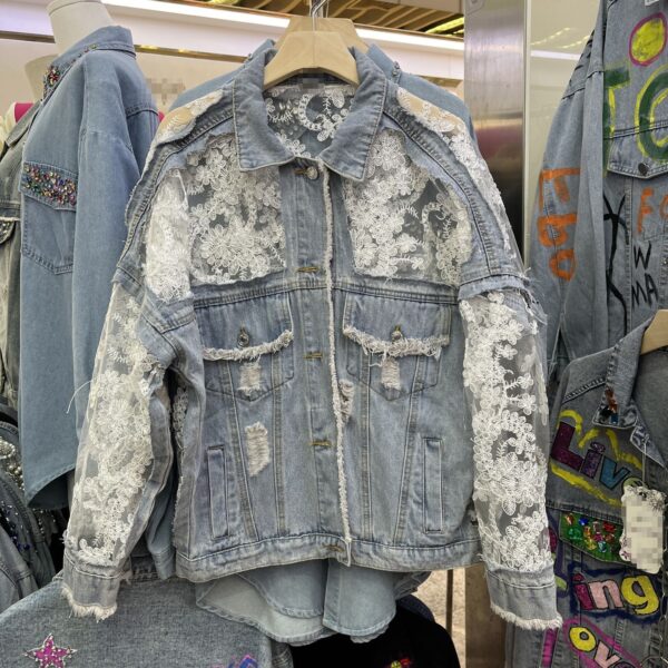 Womens Lace-embroidered Distressed Denim Jacket