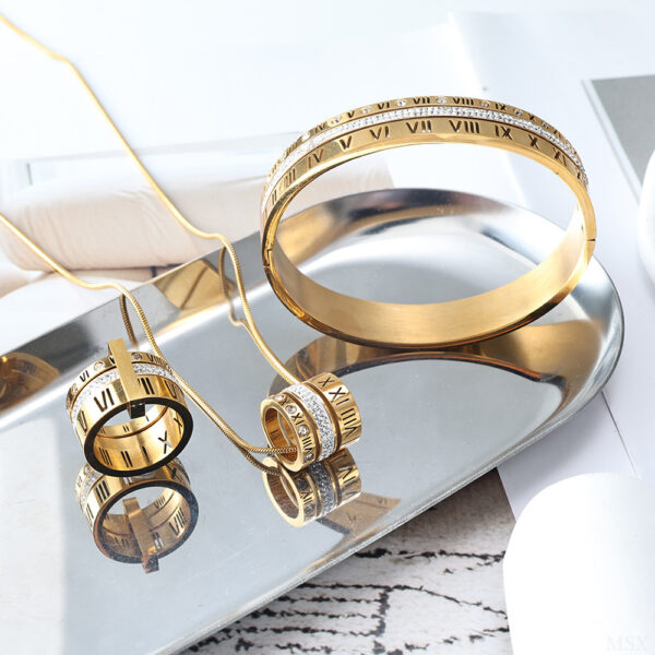 Roman Diamond Bracelet Titanium Steel Necklace Ring Set