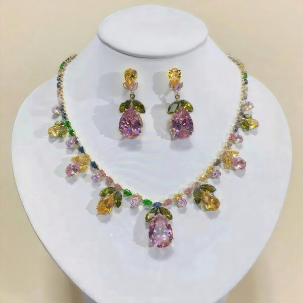 Colorful Intricately Crafted Zircon Necklace And Earrings Jewelry Set