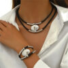 bba1e046-045c-43cc-98a2-a2b37095e6e0.jpg Womens Retro-Style Silver Oval Pendant Necklace And Bracelet Set