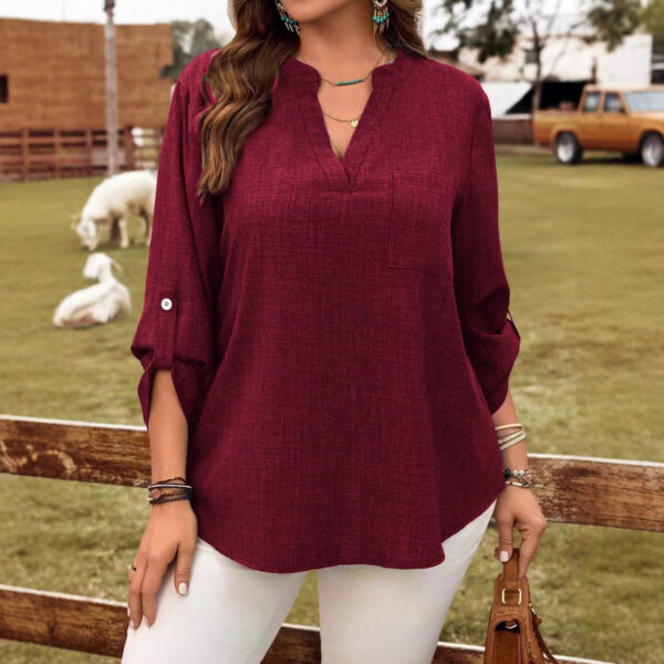 Solid-color V-neck Button-up Loose-fitting Fashionable Top