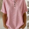 Casual Solid Color V-Neck Buttoned Striped Cotton-Linen T-Shirt