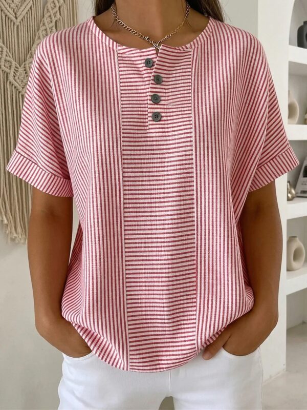 Casual Solid Color V-Neck Buttoned Striped Cotton-Linen T-Shirt