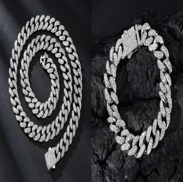 Collier et bracelet en alliage, chaîne à maillons cubains de 13 mm avec boucle à ressort et diamants.