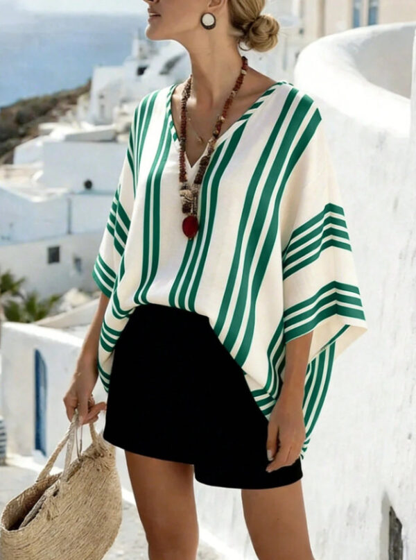 Loose-fit Batwing Sleeve Striped Top T-shirt