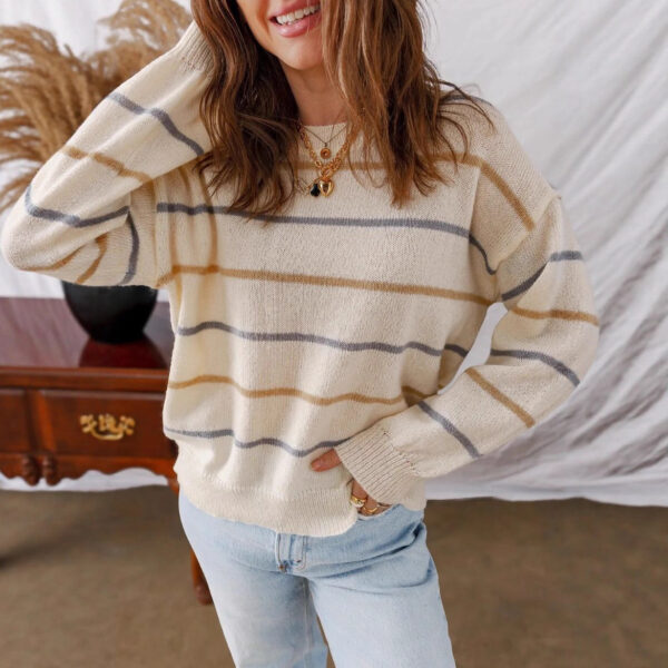 New Womens Casual Color-Striped Pullover Sweater