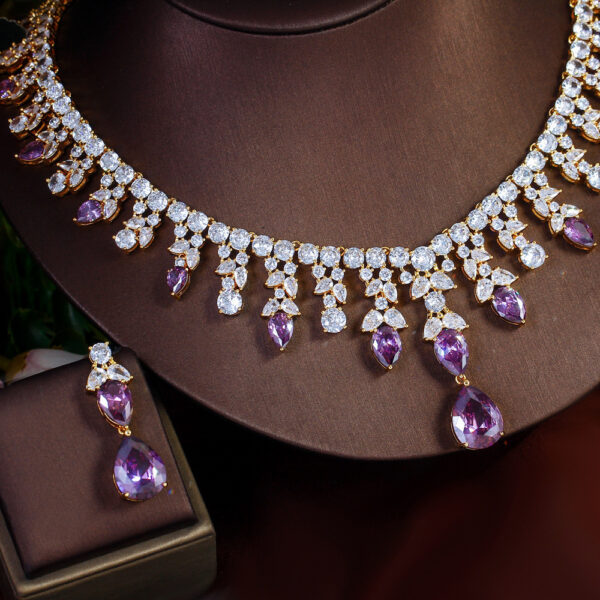 Womens Purple Waterdrop Necklace And Earrings Set