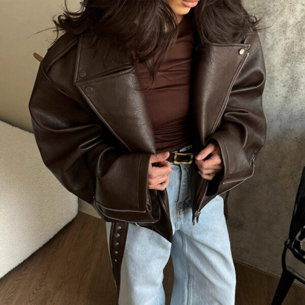 ef5e3de8-bf27-4bac-a76c-32558f2997ea.jpg Turn-down Collar Short Laced Brown Leather Jacket