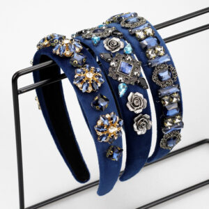 Navy Blue Rhinestone Handmade Vintage Headband With Baroque Flower And Pearls