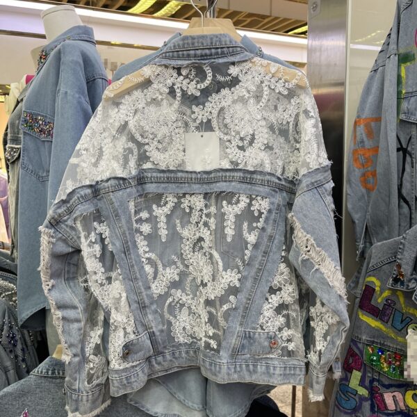 Womens Lace-embroidered Distressed Denim Jacket