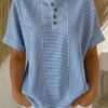 Casual Solid Color V-Neck Buttoned Striped Cotton-Linen T-Shirt