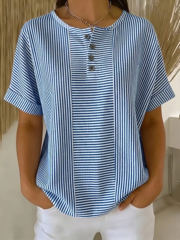 Casual Solid Color V-Neck Buttoned Striped Cotton-Linen T-Shirt