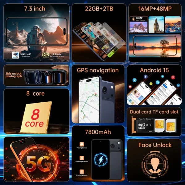 Téléphone portable Ai 17 Pro Max, smartphone Android 5G, écran HD 7,3 pouces, double SIM, batterie 7800 mAh + 2 To, double SIM, débloqué, appareil photo 16+48 MP, version internationale.
