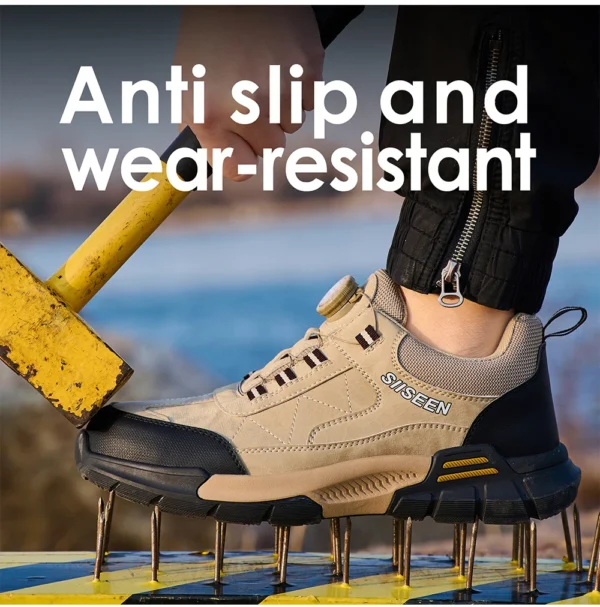 Chaussures de sécurité pour hommes avec embout en acier, semelles anti-écrasement, anti-perforation et antidérapantes ; chaussures de travail industrielles tendance à fermeture par bouton.