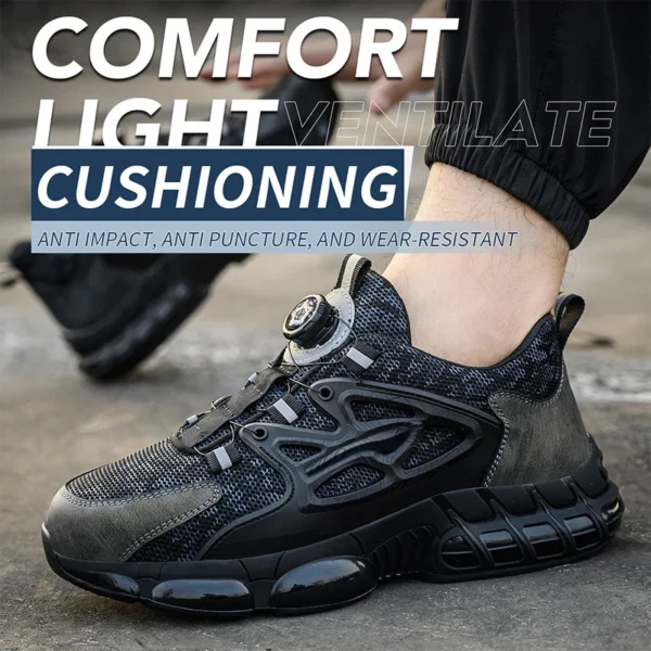 Chaussures de sécurité pour hommes avec fermeture à molette, embout en acier, coussin d'air et semelle anti-perforation.