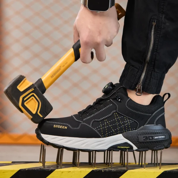 Chaussures de sécurité pour hommes – Style tendance, embout en acier anti-écrasement, semelle en Kevlar – Bottes de travail pour extérieur et atelier industriel – Fermeture à bouton
