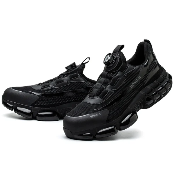 Chaussures de sécurité pour hommes avec fermeture à molette, embout en acier, coussin d'air et semelle anti-perforation.