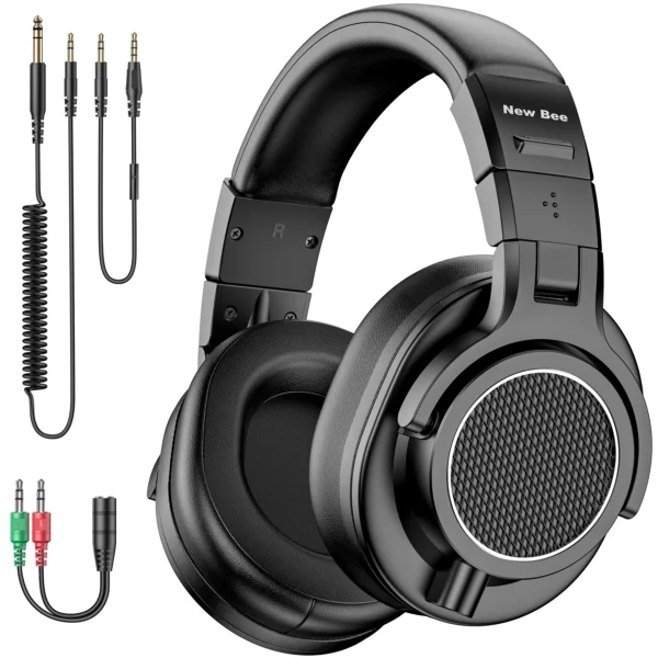 Casque audio filaire professionnel New Bee pour DJ et studio, avec microphone, circum-aural, haute résolution (Hi-Res), pour monitoring et écoute musicale.