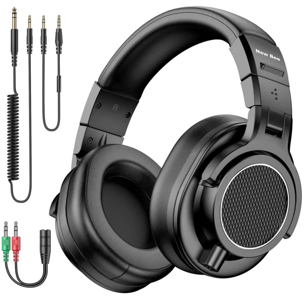 Casque audio filaire professionnel New Bee pour DJ et studio, avec microphone, circum-aural, haute résolution (Hi-Res), pour monitoring et écoute musicale.