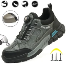 Chaussures de sécurité pour hommes avec embout en acier, semelles anti-écrasement, anti-perforation et antidérapantes ; chaussures de travail industrielles tendance à fermeture par bouton.