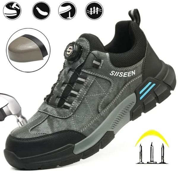Chaussures de sécurité pour hommes avec embout en acier, semelles anti-écrasement, anti-perforation et antidérapantes ; chaussures de travail industrielles tendance à fermeture par bouton.