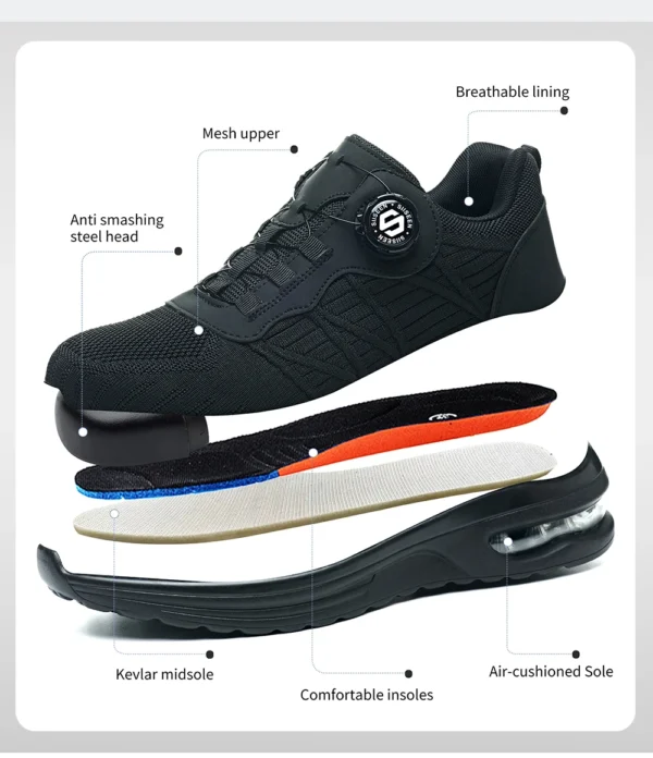 Chaussures de sécurité pour hommes avec fermeture rotative – Légères, anti-chocs et anti-perforation – Style sportif pour les professionnels en extérieur