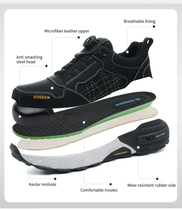 Chaussures de sécurité pour hommes – Style tendance, embout en acier anti-écrasement, semelle en Kevlar – Bottes de travail pour extérieur et atelier industriel – Fermeture à bouton