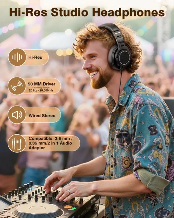 Casque audio filaire professionnel New Bee pour DJ et studio, avec microphone, circum-aural, haute résolution (Hi-Res), pour monitoring et écoute musicale.