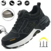 Chaussures de sécurité pour hommes – Style tendance, embout en acier anti-écrasement, semelle en Kevlar – Bottes de travail pour extérieur et atelier industriel – Fermeture à bouton