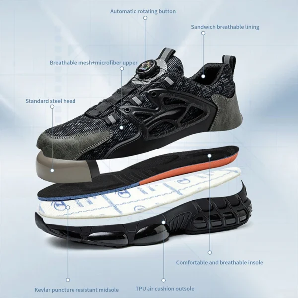 Chaussures de sécurité pour hommes avec fermeture à molette, embout en acier, coussin d'air et semelle anti-perforation.