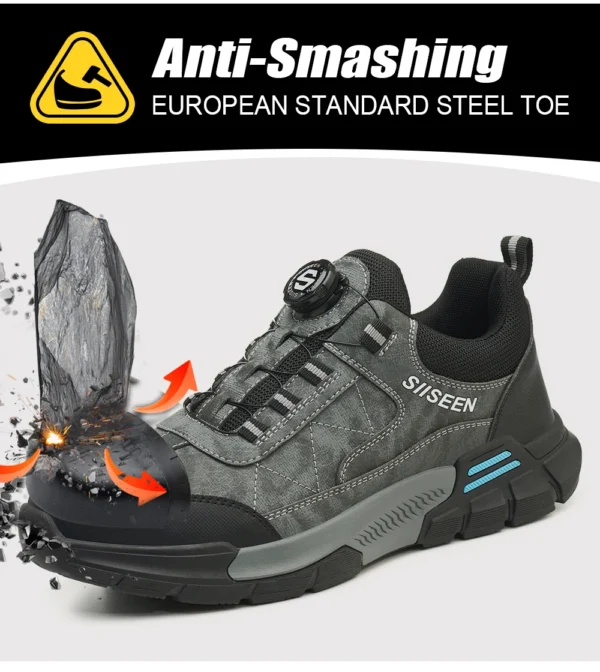 Chaussures de sécurité pour hommes avec embout en acier, semelles anti-écrasement, anti-perforation et antidérapantes ; chaussures de travail industrielles tendance à fermeture par bouton.