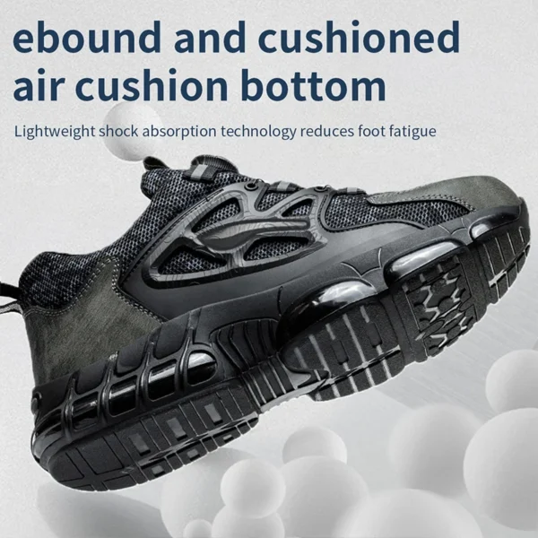 Chaussures de sécurité pour hommes avec fermeture à molette, embout en acier, coussin d'air et semelle anti-perforation.