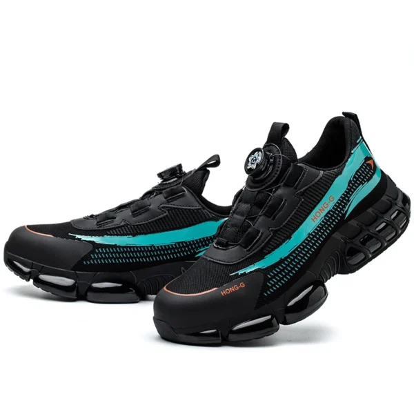 Chaussures de sécurité pour hommes avec fermeture à molette, embout en acier, coussin d'air et semelle anti-perforation.