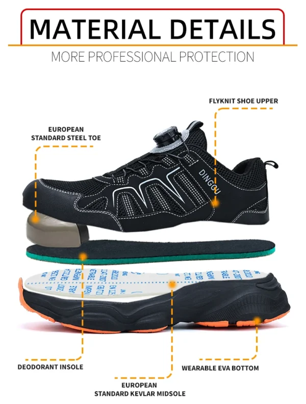Chaussures de sécurité pour hommes avec fermeture rotative, embout en acier, bottes de travail industrielles respirantes.