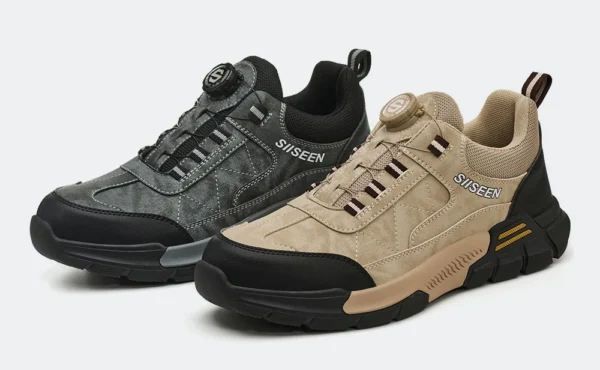 Chaussures de sécurité pour hommes avec embout en acier, semelles anti-écrasement, anti-perforation et antidérapantes ; chaussures de travail industrielles tendance à fermeture par bouton.
