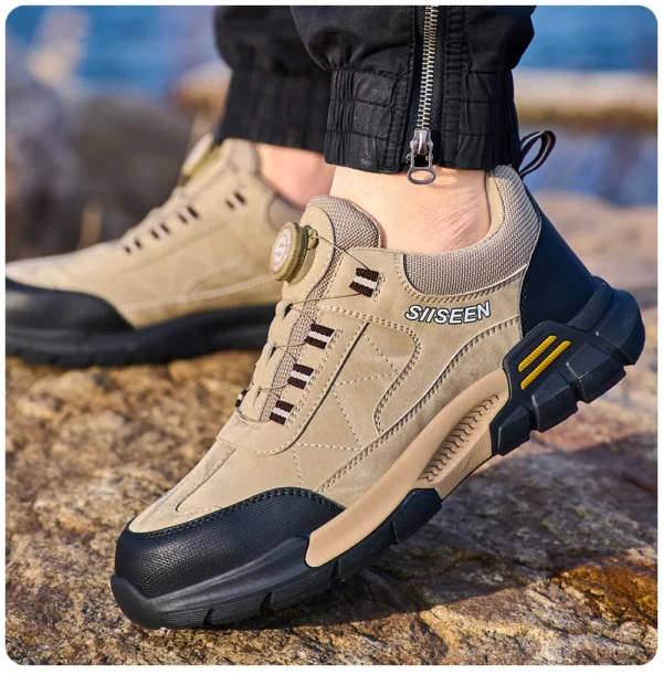 Chaussures de sécurité pour hommes avec embout en acier, semelles anti-écrasement, anti-perforation et antidérapantes ; chaussures de travail industrielles tendance à fermeture par bouton.