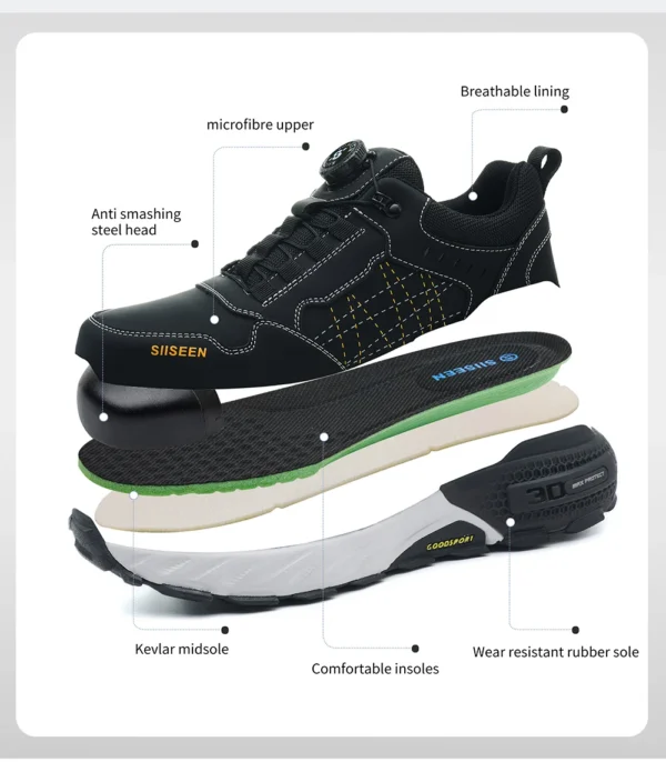 Chaussures de sécurité pour hommes – Style tendance, embout en acier anti-écrasement, semelle en Kevlar – Bottes de travail pour extérieur et atelier industriel – Fermeture à bouton