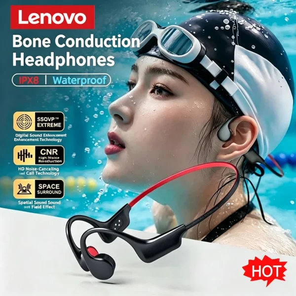 Nouveau casque sans fil Lenovo à conduction osseuse pour la natation et le sport – Bluetooth 5.4, étanche IPX8, avec microphone, idéal pour l'entraînement et le fitness.