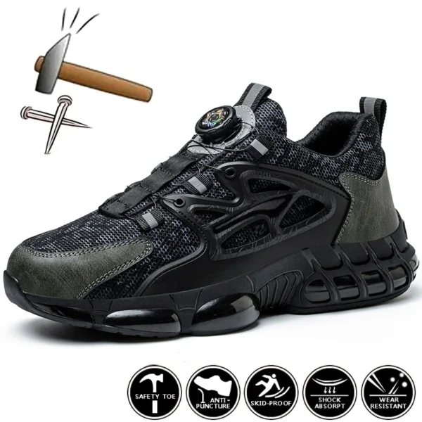Chaussures de sécurité pour hommes avec fermeture à molette, embout en acier, coussin d'air et semelle anti-perforation.
