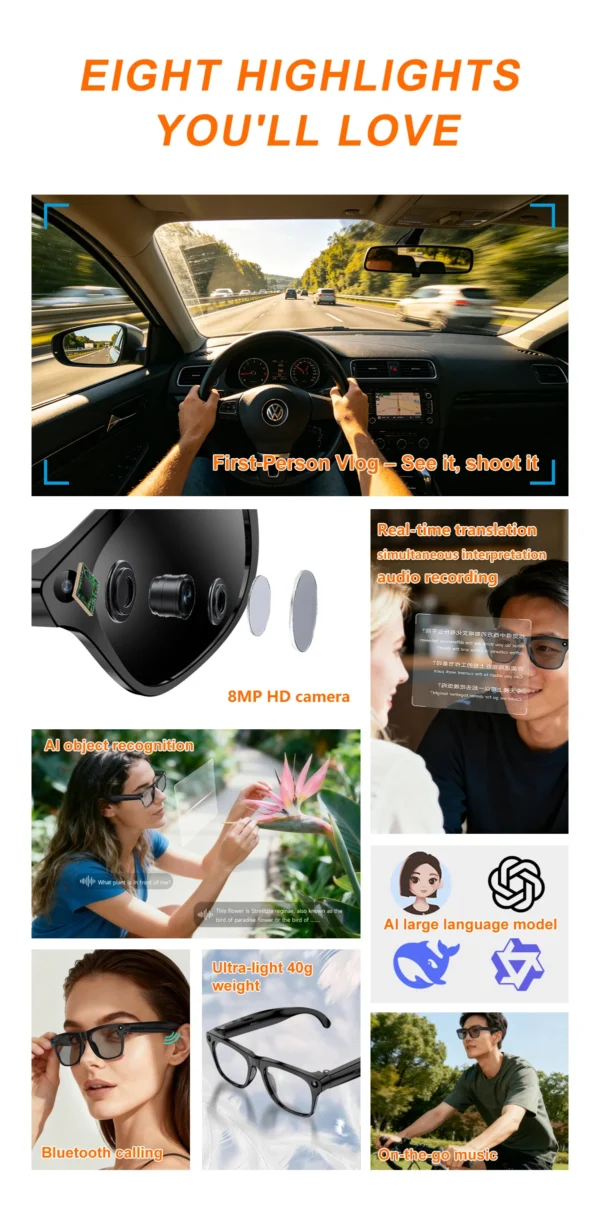 Lunettes de caméra Xiaomi 8K pour la prise de vue vidéo, traduction IA précise, appels Bluetooth, lecteur de musique, pour femmes et hommes, 8MP, lunettes de traduction