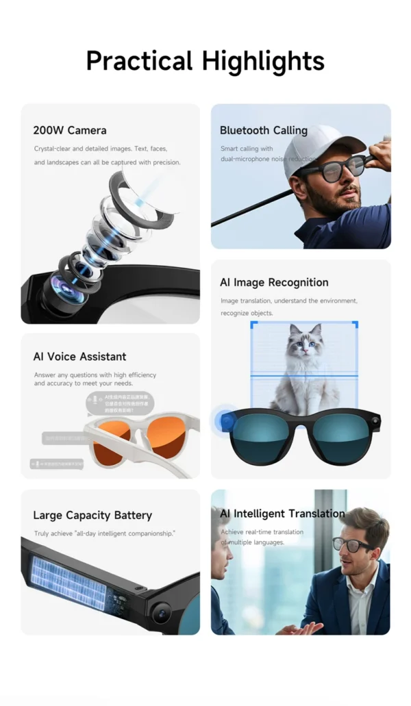 Lunettes de caméra Xiaomi 8K pour la prise de vue vidéo, traduction IA précise, appels Bluetooth, lecteur de musique, pour femmes et hommes, 8MP, lunettes de traduction