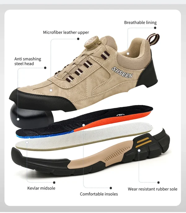 Chaussures de sécurité pour hommes avec embout en acier, semelles anti-écrasement, anti-perforation et antidérapantes ; chaussures de travail industrielles tendance à fermeture par bouton.