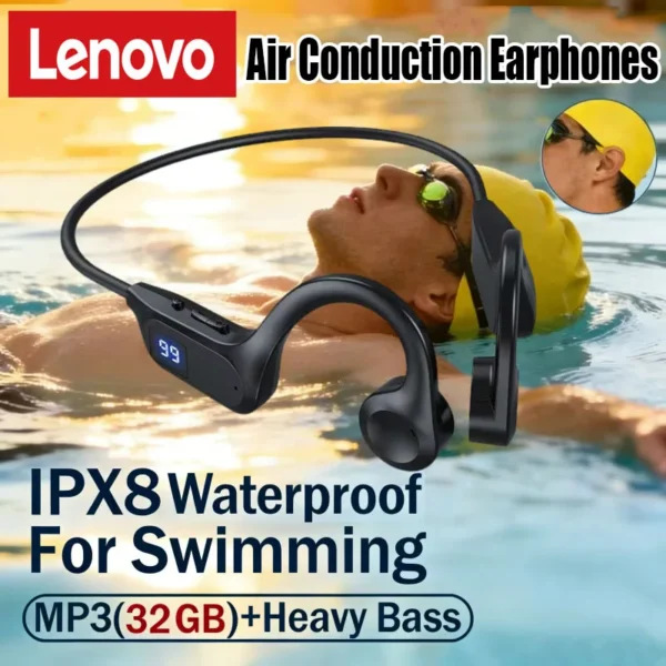 Écouteurs sans fil Lenovo à conduction osseuse – Compatibles Bluetooth, mains libres avec micro – Idéaux pour le sport, la course et la natation